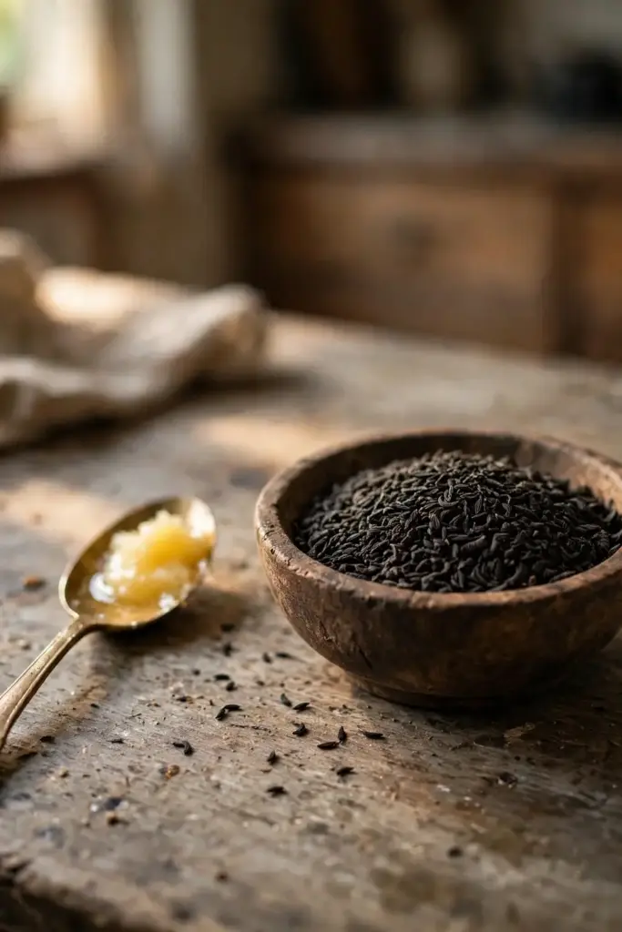 Wooden bowl of kala jeera seeds beside ghee on a kitchen table