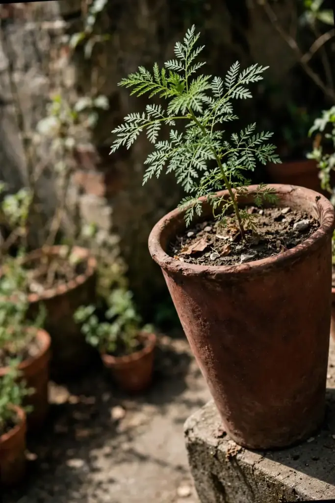 Young black cumin plant with feathery leaves in a tall deep terracotta pot