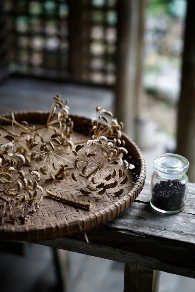 Picked umbels drying on a woven tray beside a jar of cleaned seed