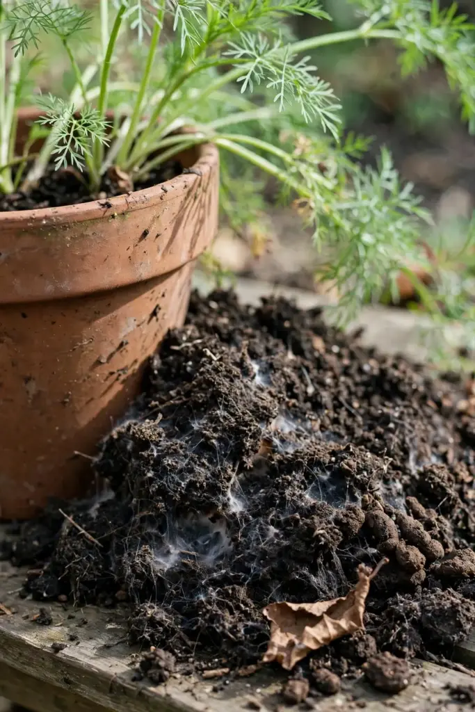 Dark compost top-dressing around a potted black cumin plant