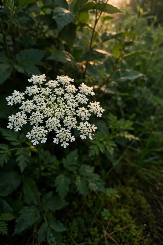 Single white umbel of black cumin flowers against green foliage
