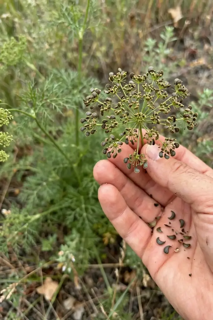 Hand holding a picked black cumin umbel heavy with ripening seed