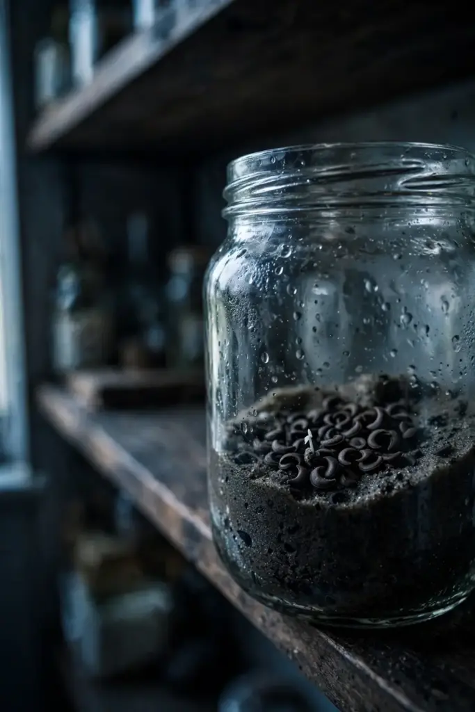 Black cumin seeds in damp sand inside a glass jar on a shelf