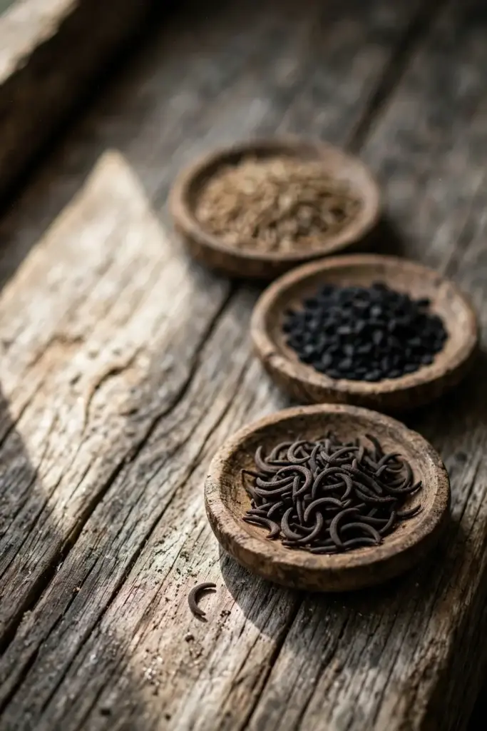 Three wooden dishes holding kala jeera, kalonji, and jeera seeds side by side