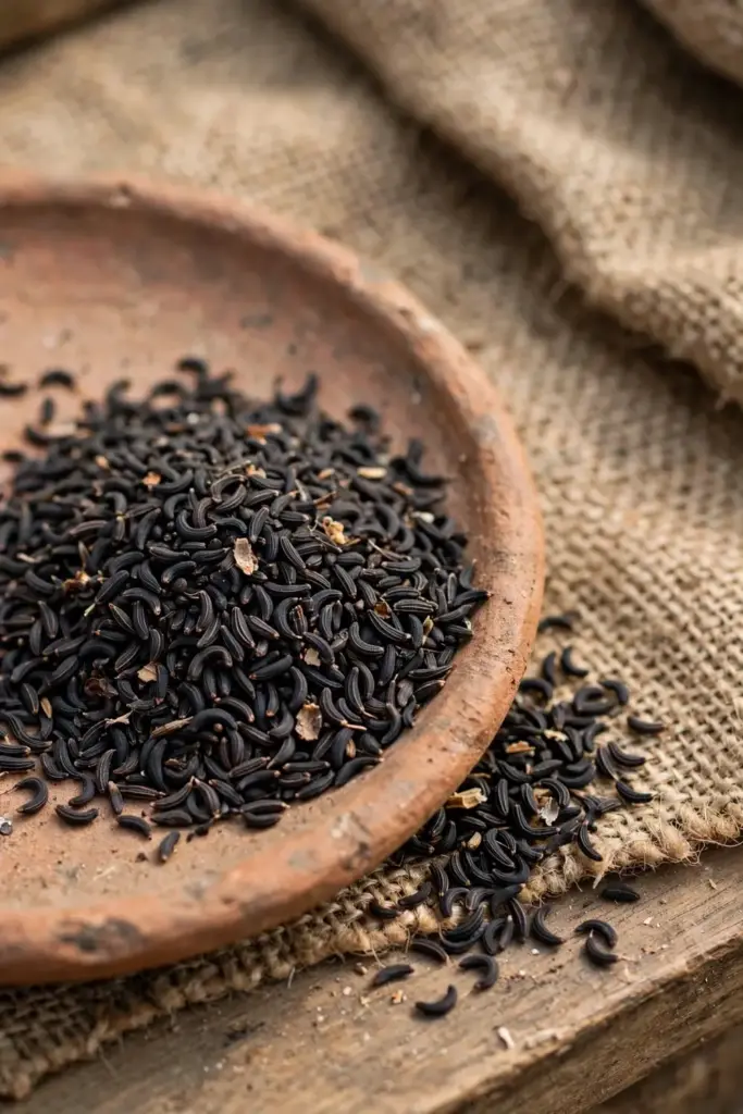 Heap of slender curved dark-brown black cumin seeds in a clay dish