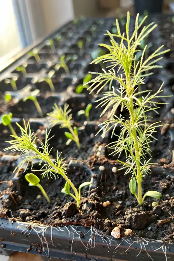Black cumin seedlings at three growth stages in a nursery tray