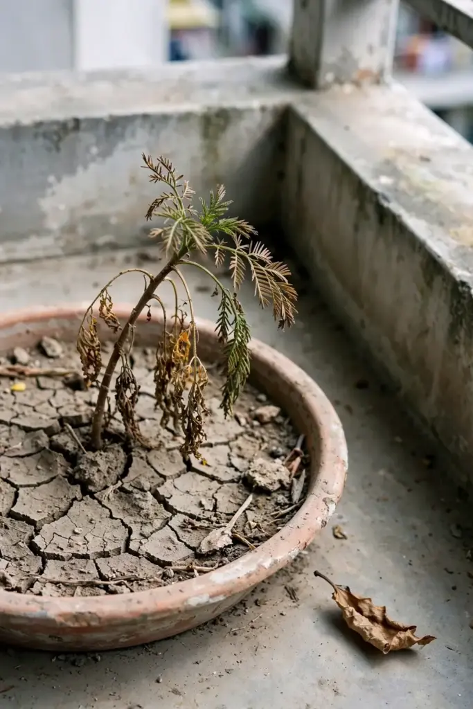 Wilted black cumin seedling in a shallow pot with dry cracked soil