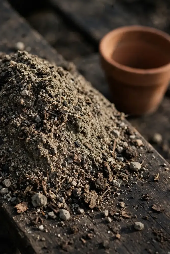 Gritty free-draining soil mix with sand and compost on dark timber