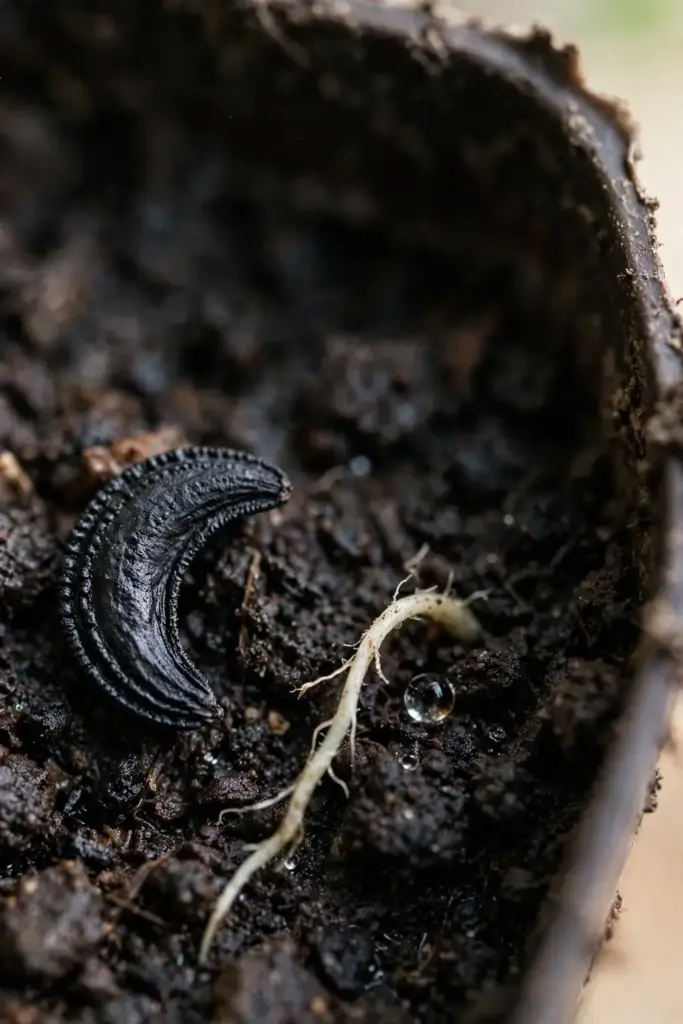 Single black cumin seed on moist soil in a deep container