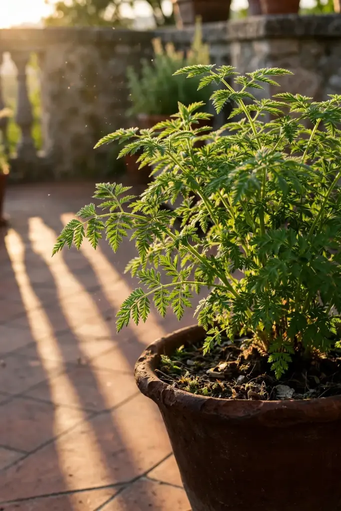 Mature black cumin plant in a deep clay pot on a terrace