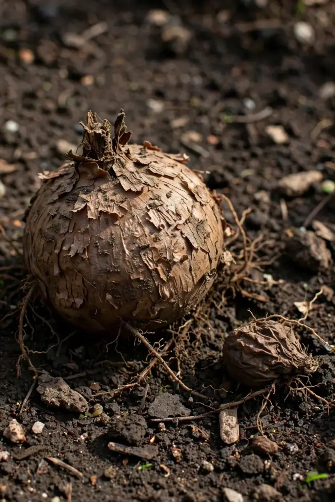 Globose brownish black cumin tuber with rootlets on garden soil
