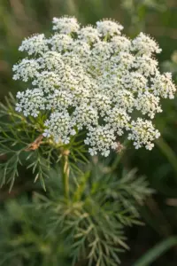 Flat umbel of tiny white black cumin flowers sharp against green foliage