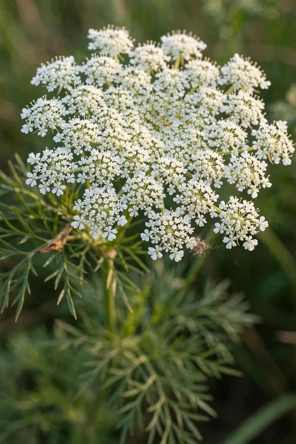 Flat umbel of tiny white black cumin flowers sharp against green foliage