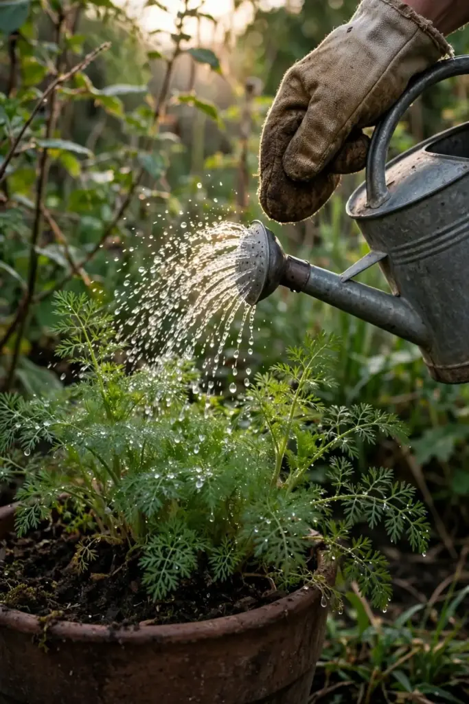 Watering can arcing droplets onto a potted black cumin plant