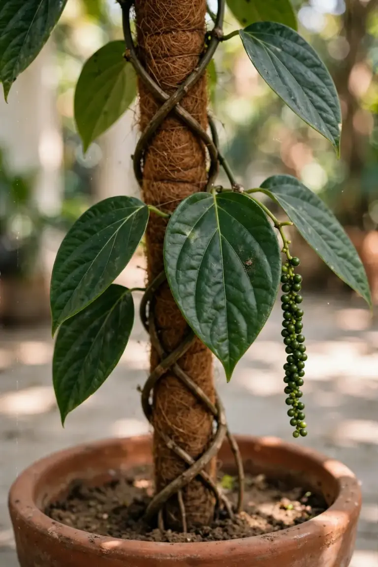 Black pepper vine with green berry spikes climbing a moss pole in a terracotta pot