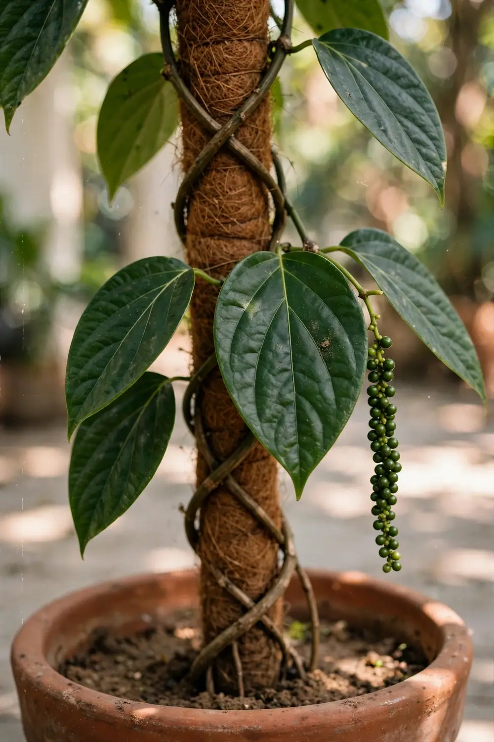 Black pepper vine with green berry spikes climbing a moss pole in a terracotta pot