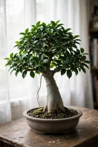 Ginseng ficus bonsai with thick trunk in a ceramic pot on a bright windowsill