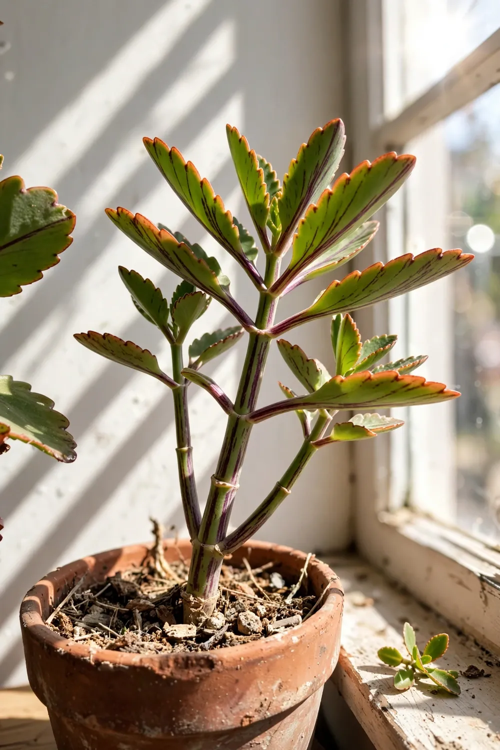 Potted life plant with tall stems and broad scalloped leaves beside a bright window
