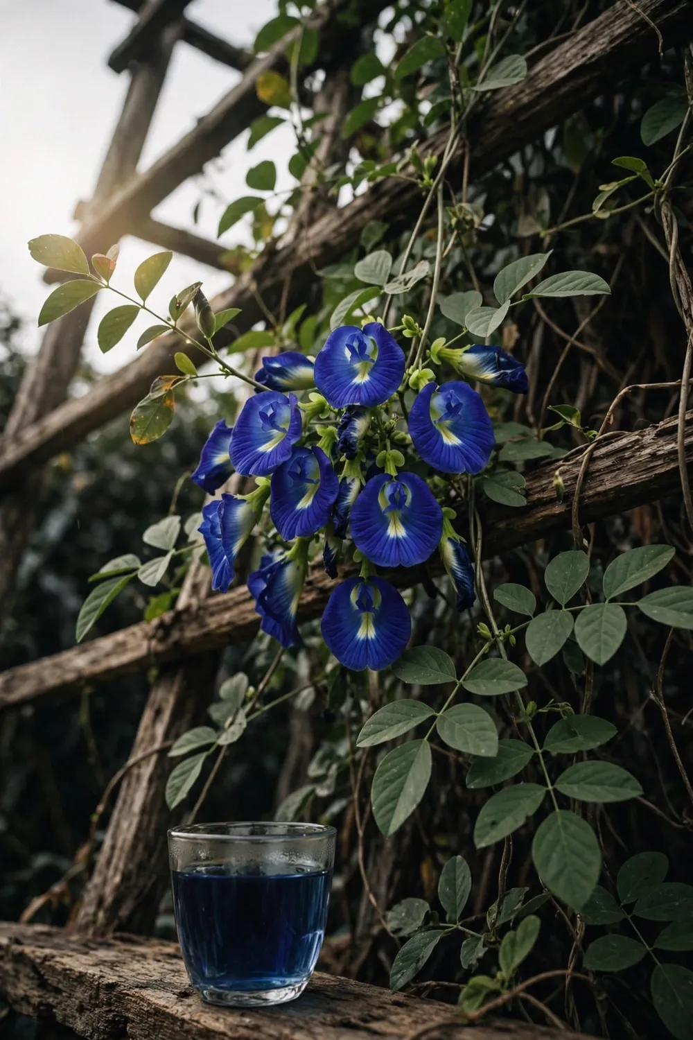 Butterfly pea vine loaded with deep blue flowers on a trellis beside a cup of blue tea