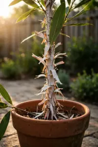Young cajuput paperbark tree in a terracotta pot with white peeling bark on a sunny patio