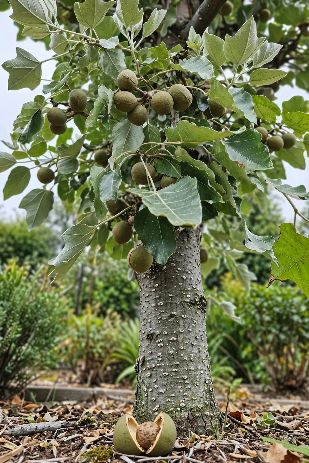 Mature candlenut tree heavy with olive-green drupes in a home garden