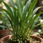 Green cardamom plant in terracotta pot with ribbed pods at the base