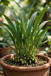 Green cardamom plant in terracotta pot with ribbed pods at the base