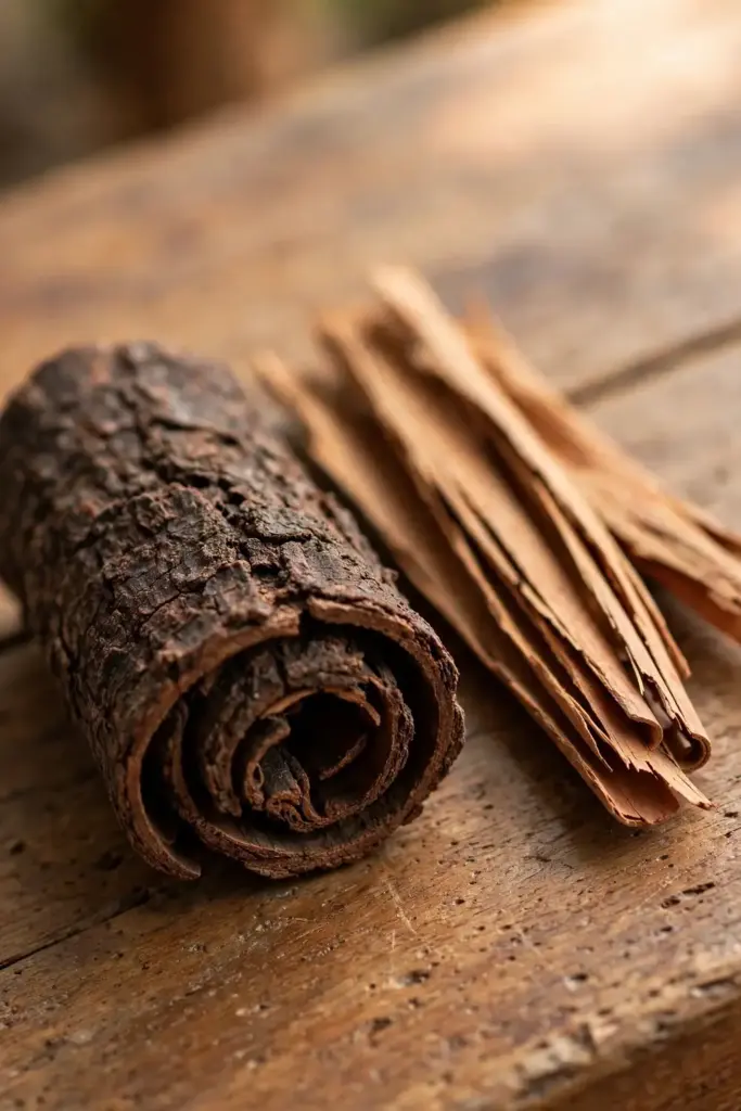 Cassia bark beside true cinnamon quills showing thick versus thin rolls