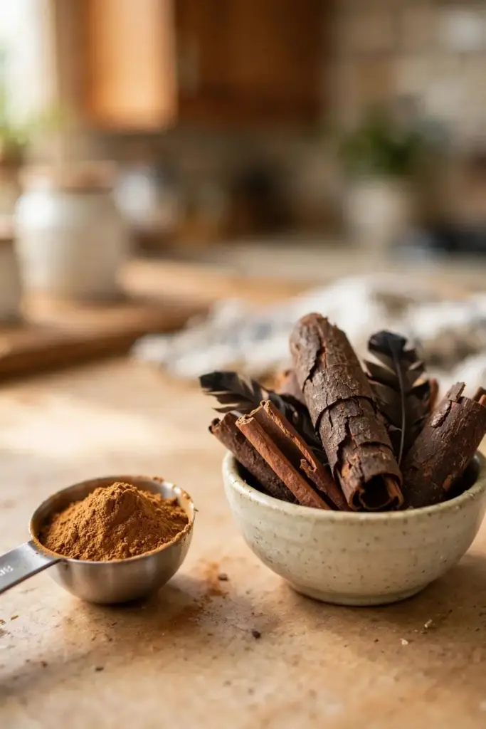 Cassia bark quills with a measuring spoon of ground cinnamon