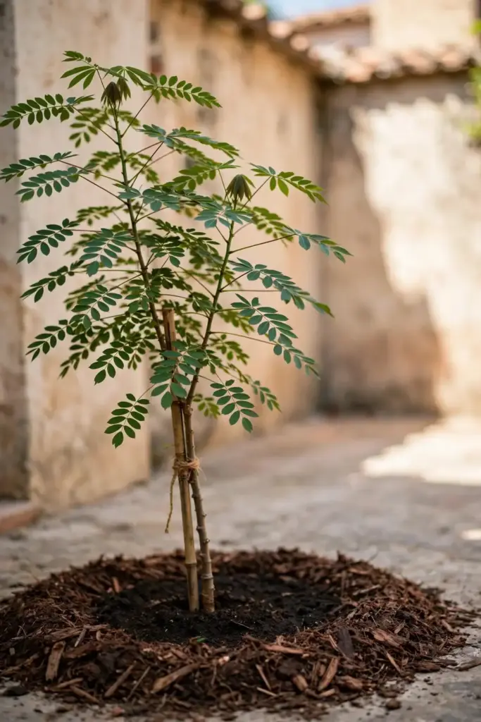 Cassia tree planted in a sheltered sunny courtyard