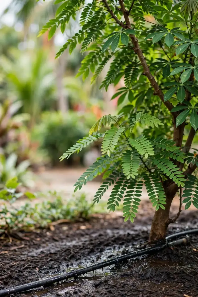 Cassia tree watered with drip irrigation in tropical heat