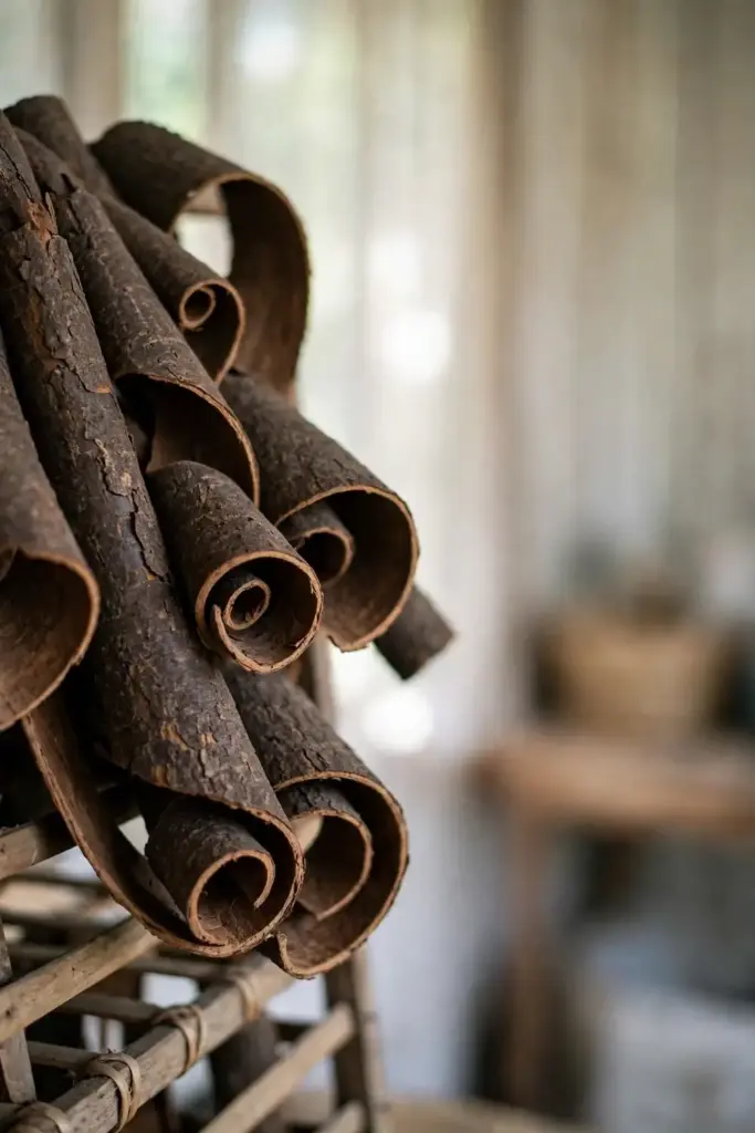 Cassia bark strips curling into quills while drying in shade