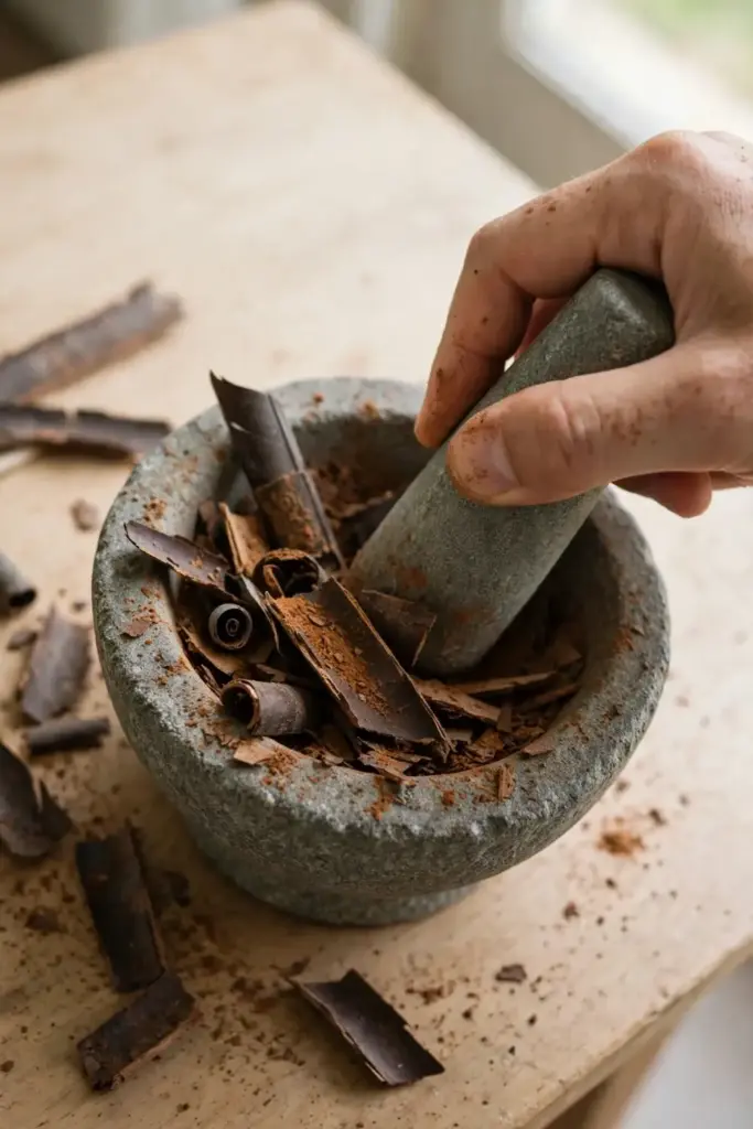 Hand grinding homegrown cassia quill in a mortar
