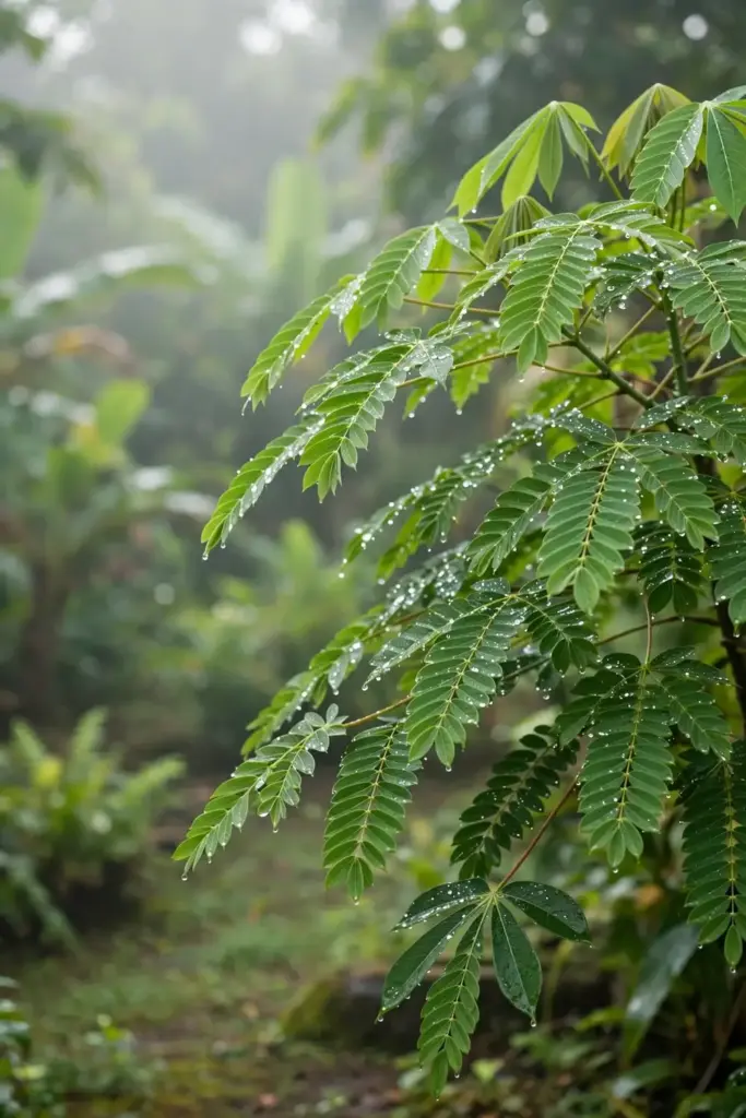 Cassia tree in a humid tropical garden with mist