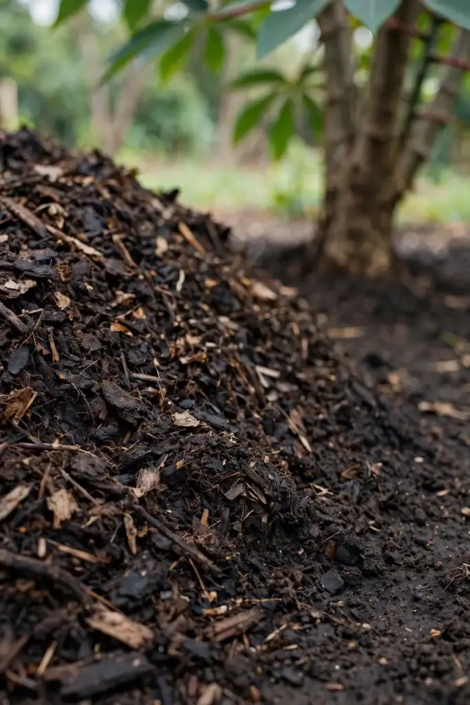 Deep compost mulch around a cassia tree base