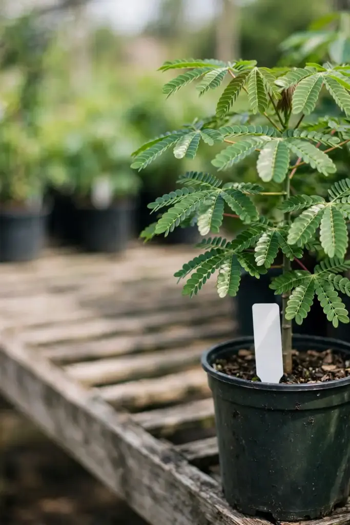 Young cassia tree in nursery pot with labeled tag