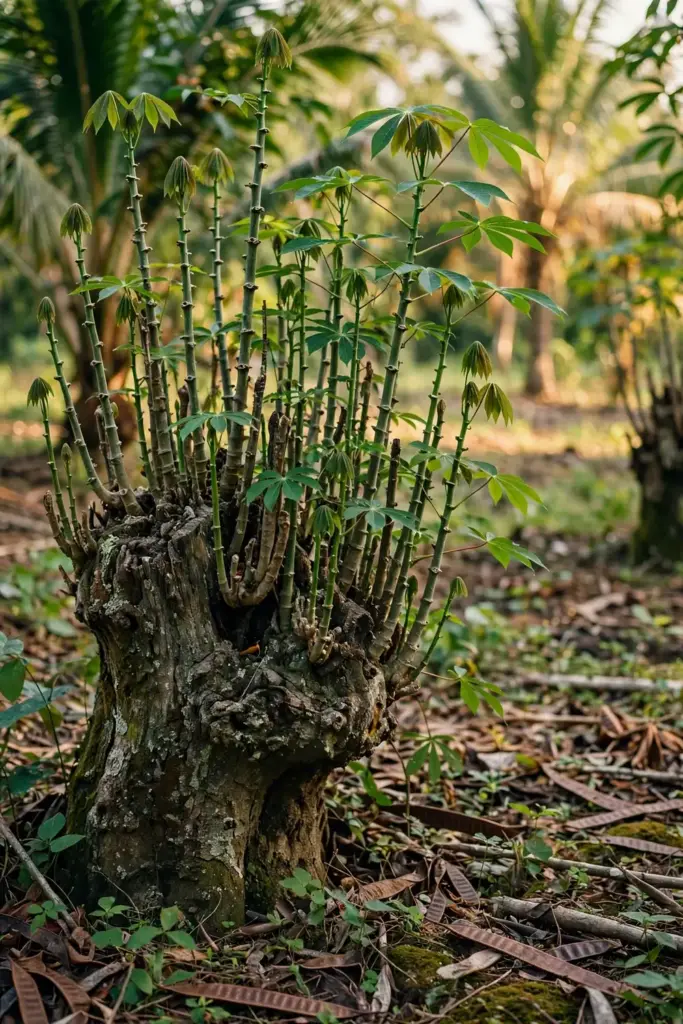 Old cassia coppice stool with decades of regrowth in a plantation