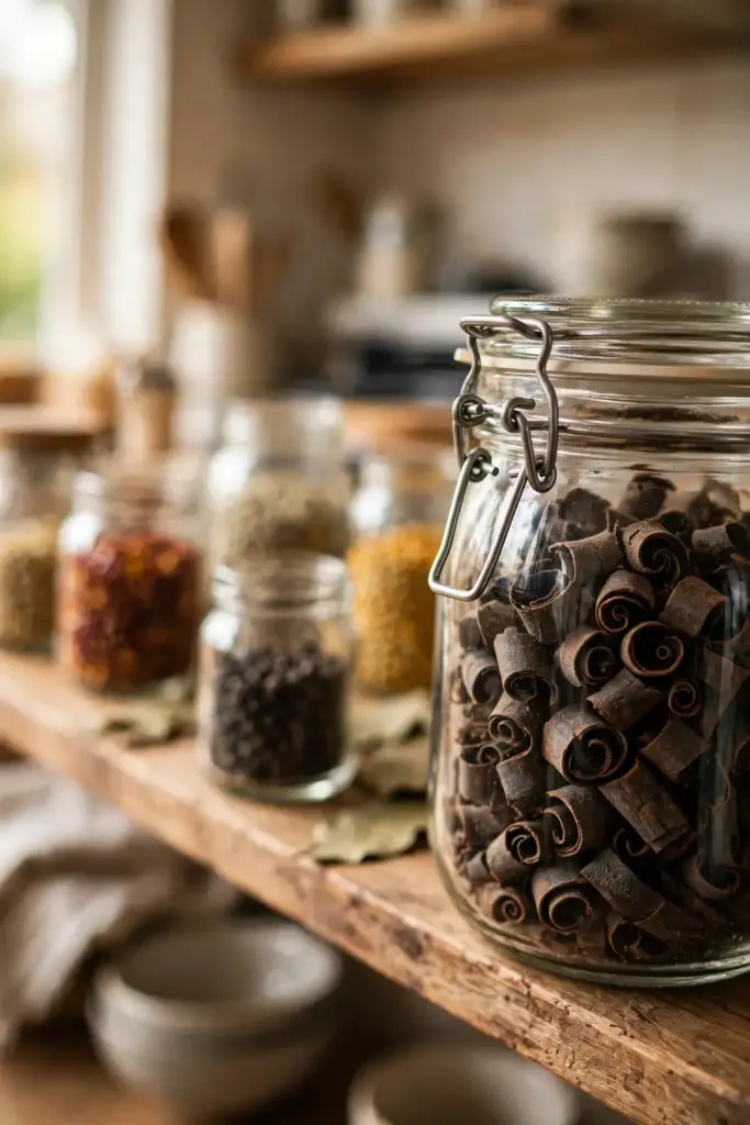 Sealed jar of homegrown cassia quills in a spice kitchen