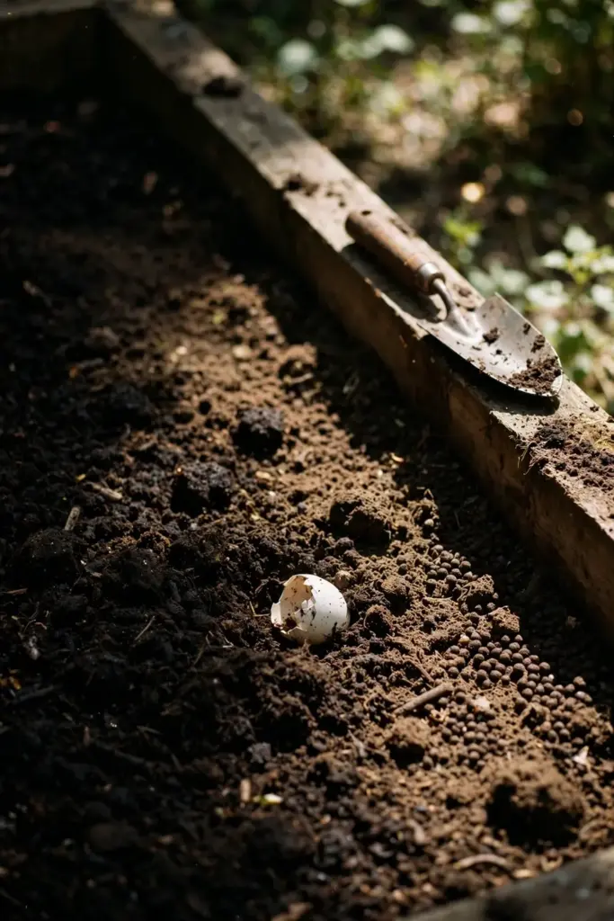 Compost being worked into a raised garden bed for planting mugwort