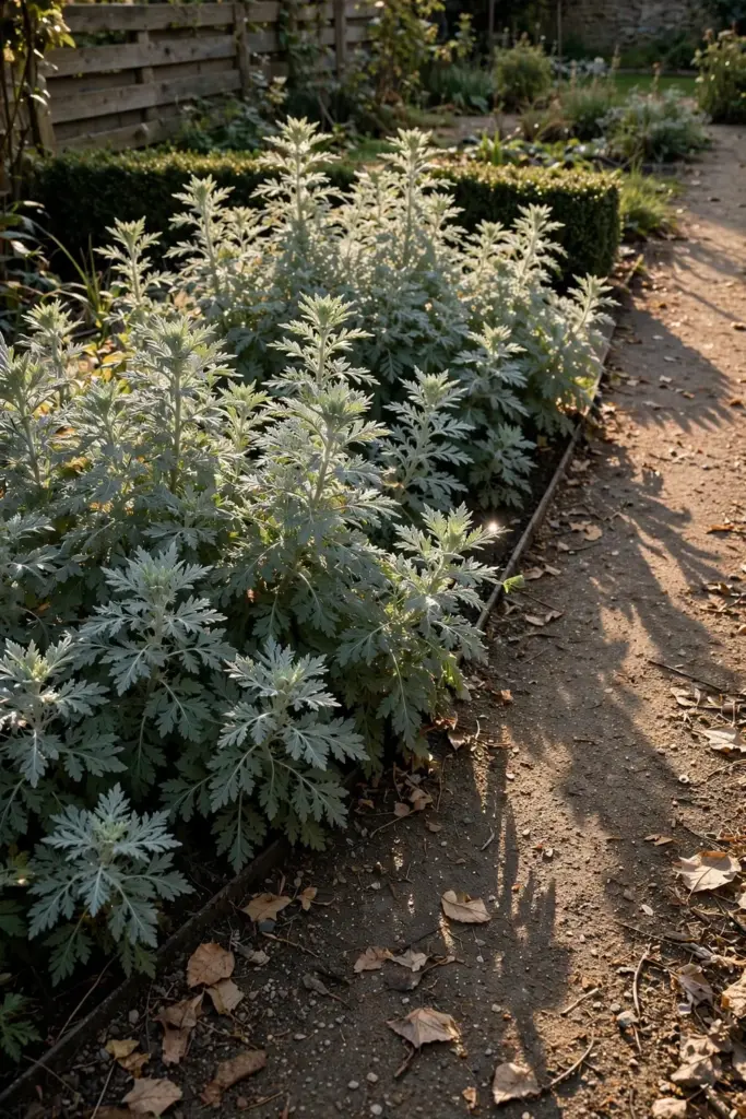Established contained mugwort bed thriving inside its edged border