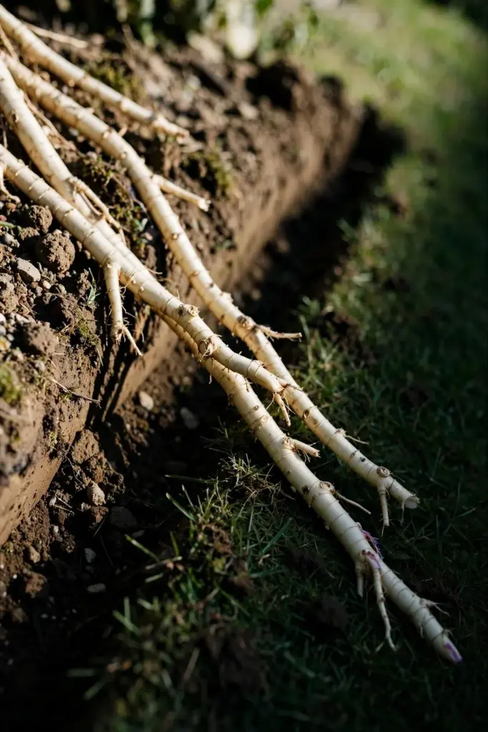 Rhizome runners escaping past a garden bed edge into the lawn