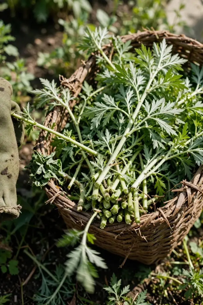 Freshly cut Chinese mugwort stems being gathered into a woven basket