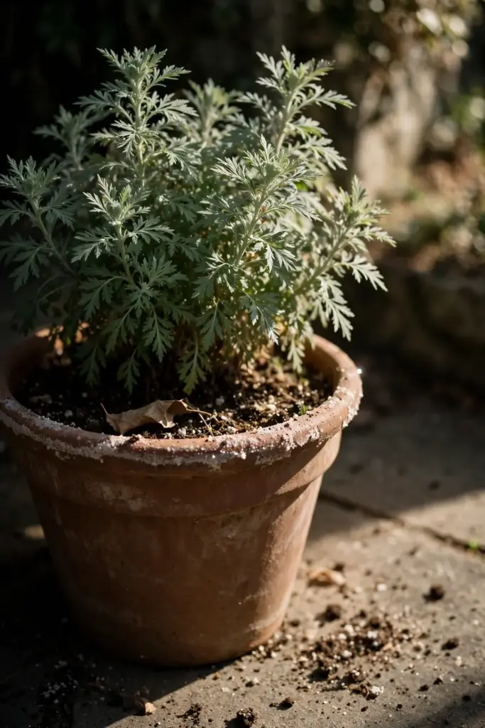 Large pot of Chinese mugwort growing on a sunny patio