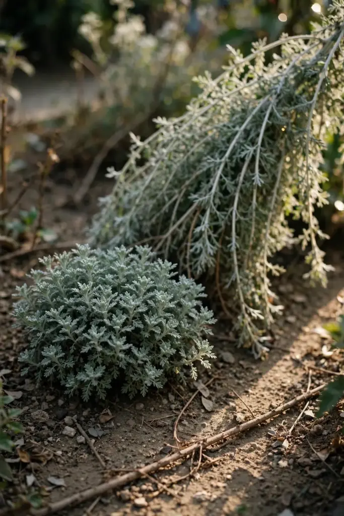 Leggy overfed mugwort plant contrasted with a compact plant in lean soil