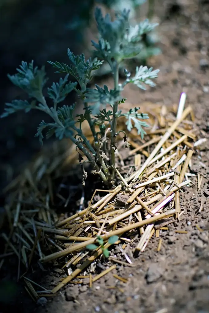 Mulch ring around mugwort base keeping neighboring seedlings at a distance