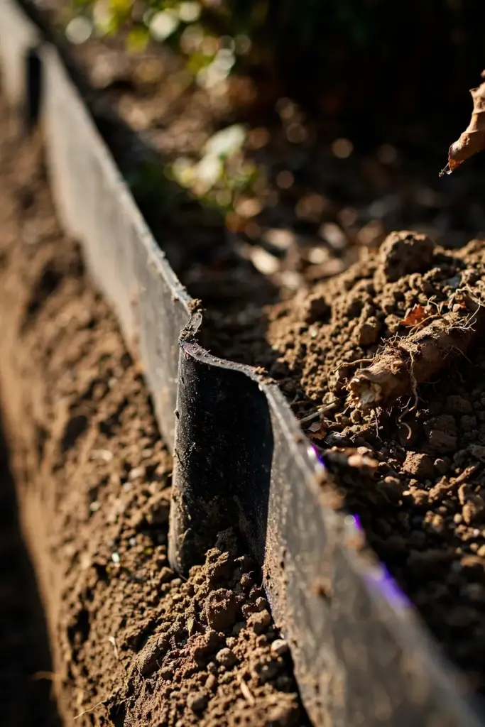 Rigid root barrier being installed in a trench around a garden bed