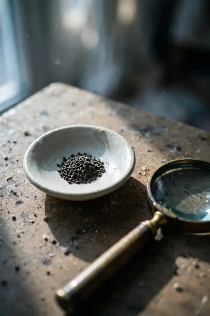 Tiny artemisia seeds in a ceramic dish next to a magnifying glass