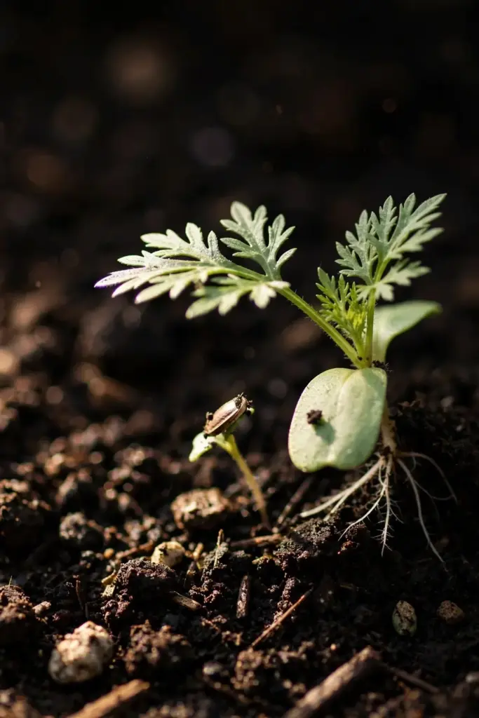 Macro of tiny artemisia seedlings with oval cotyledons emerging from soil