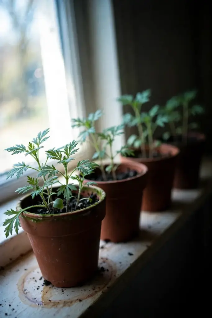 Pots of young Chinese mugwort seedlings growing in bright window light