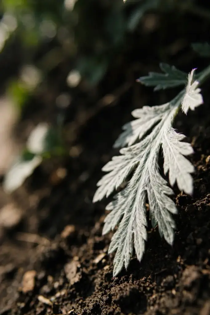 Close-up of artemisia argyi leaf showing the silvery-white underside
